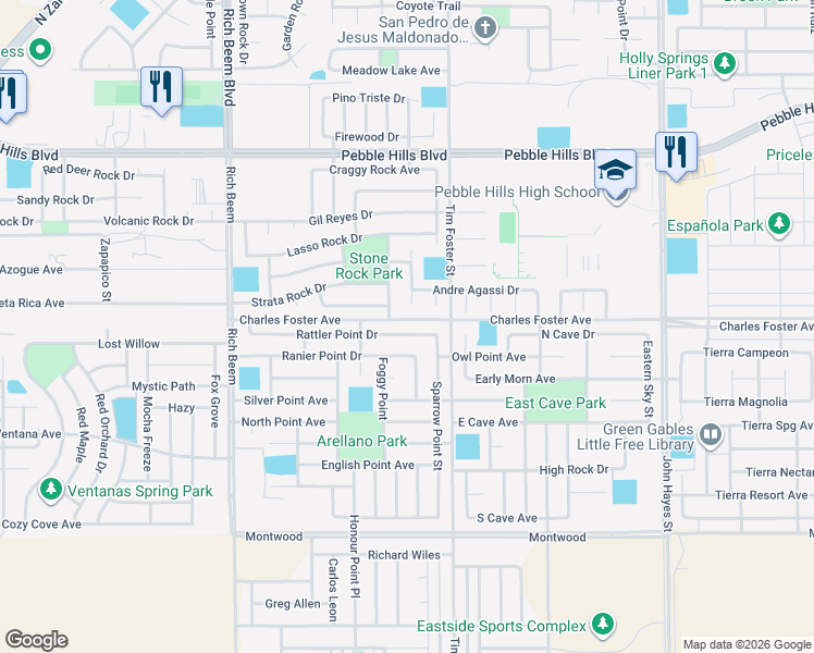 map of restaurants, bars, coffee shops, grocery stores, and more near 14270 Rattler Point Drive in El Paso