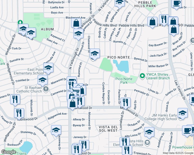 map of restaurants, bars, coffee shops, grocery stores, and more near 10517 Ashwood Drive in El Paso