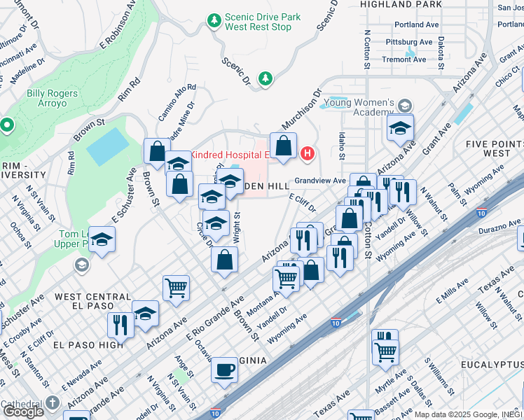 map of restaurants, bars, coffee shops, grocery stores, and more near 1326 Wright Street in El Paso