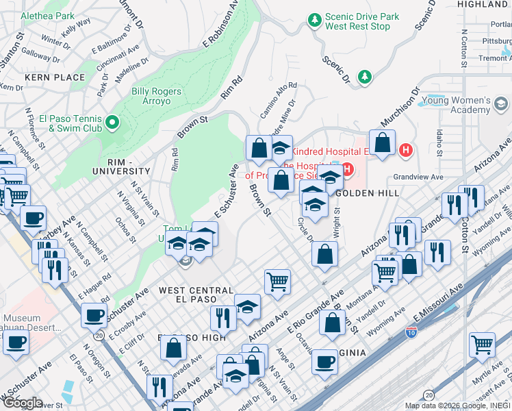 map of restaurants, bars, coffee shops, grocery stores, and more near 1531 Brown Street in El Paso