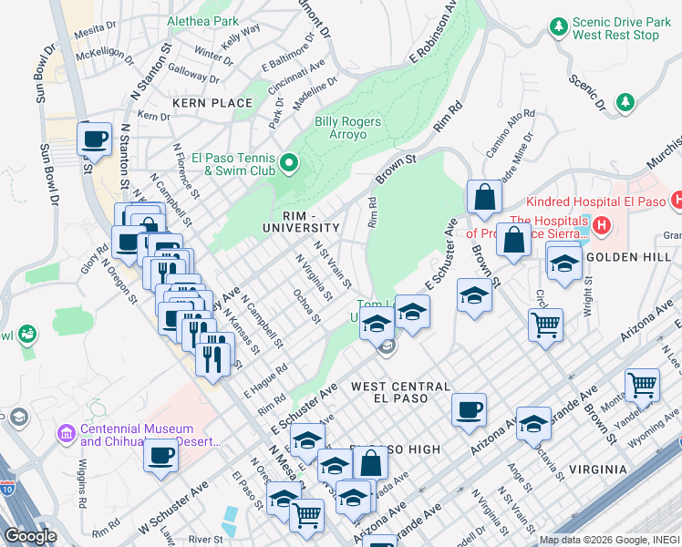 map of restaurants, bars, coffee shops, grocery stores, and more near in El Paso