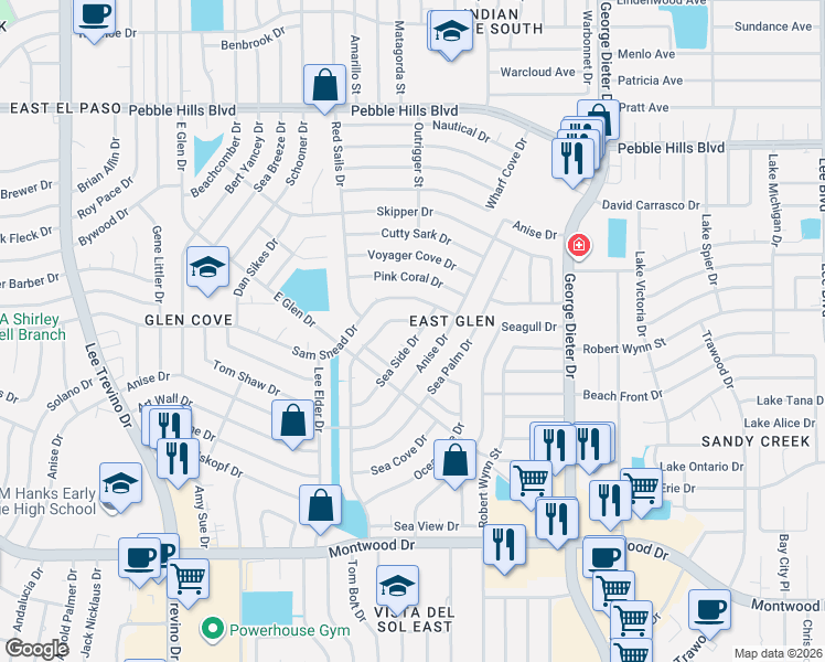 map of restaurants, bars, coffee shops, grocery stores, and more near 2348 Mermaid Drive in El Paso