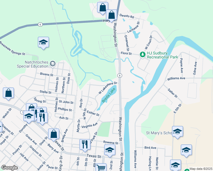 map of restaurants, bars, coffee shops, grocery stores, and more near 1416 W Lakeshore Dr in Natchitoches