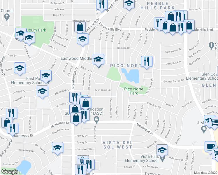 map of restaurants, bars, coffee shops, grocery stores, and more near 10517 Ashwood Drive in El Paso