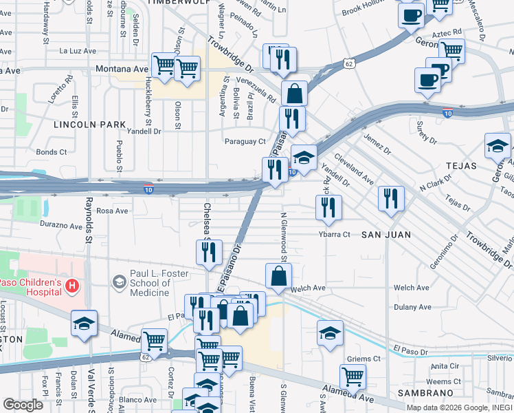 map of restaurants, bars, coffee shops, grocery stores, and more near 5614 Rosa Avenue in El Paso
