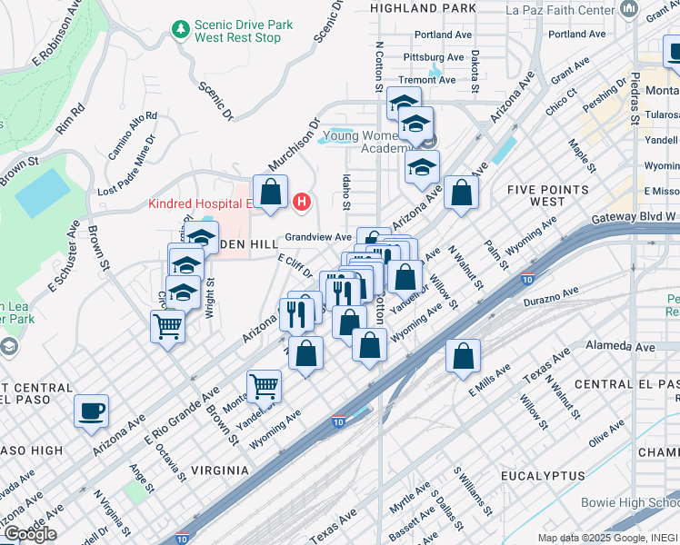 map of restaurants, bars, coffee shops, grocery stores, and more near 1806 Arizona Avenue in El Paso
