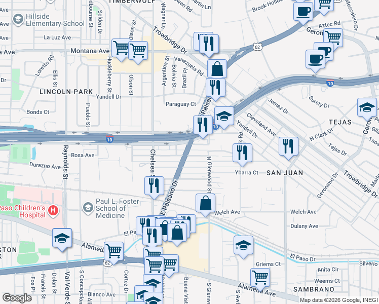 map of restaurants, bars, coffee shops, grocery stores, and more near 5614 Rosa Avenue in El Paso