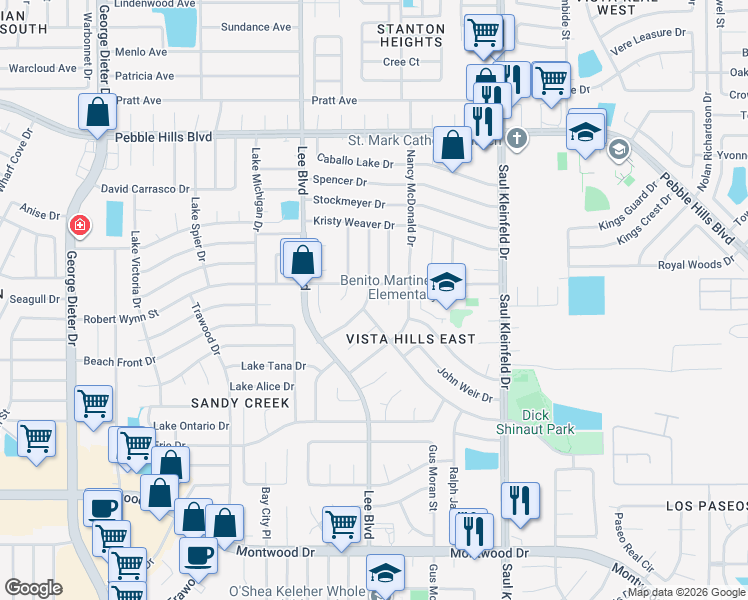 map of restaurants, bars, coffee shops, grocery stores, and more near 2300 John Cox Place in El Paso