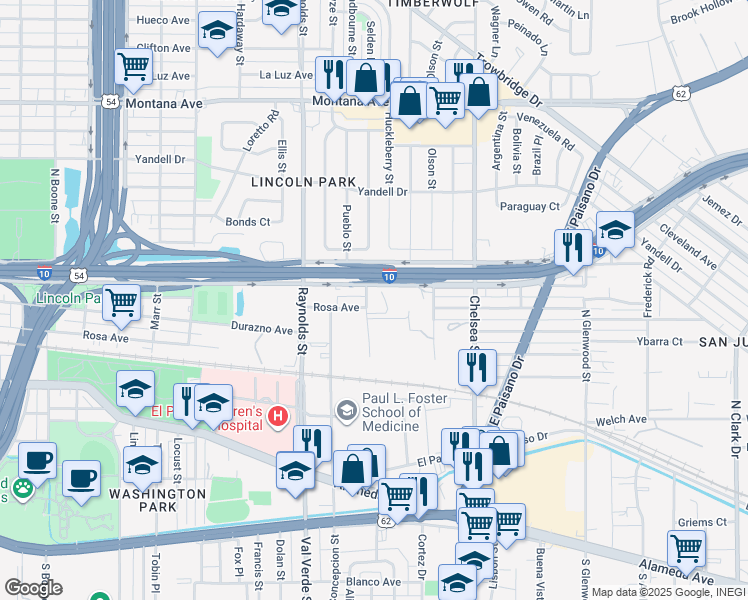 map of restaurants, bars, coffee shops, grocery stores, and more near 400 Revere Street in El Paso