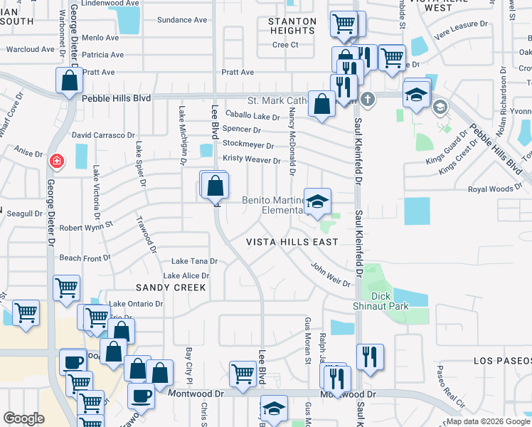 map of restaurants, bars, coffee shops, grocery stores, and more near 2300 John Cox Place in El Paso