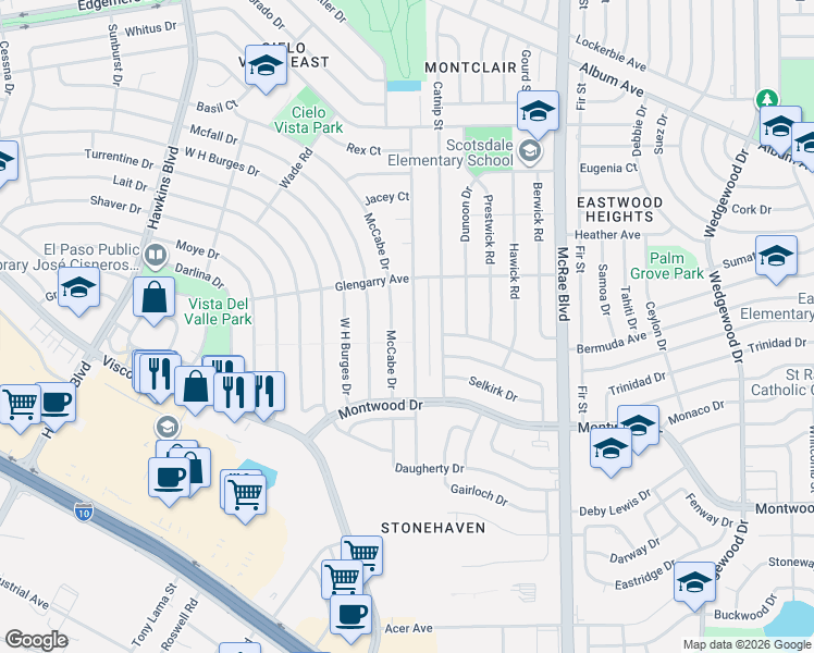 map of restaurants, bars, coffee shops, grocery stores, and more near 1337 Backus Street in El Paso