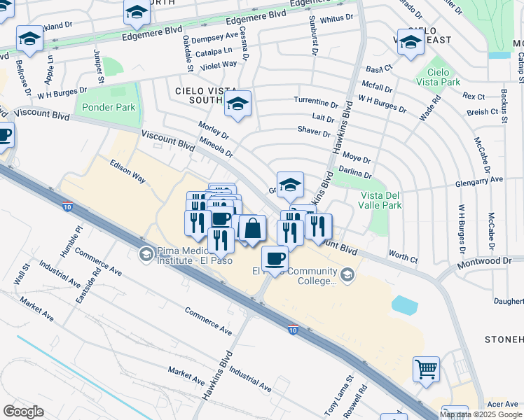 map of restaurants, bars, coffee shops, grocery stores, and more near 16 Viscount Boulevard in El Paso