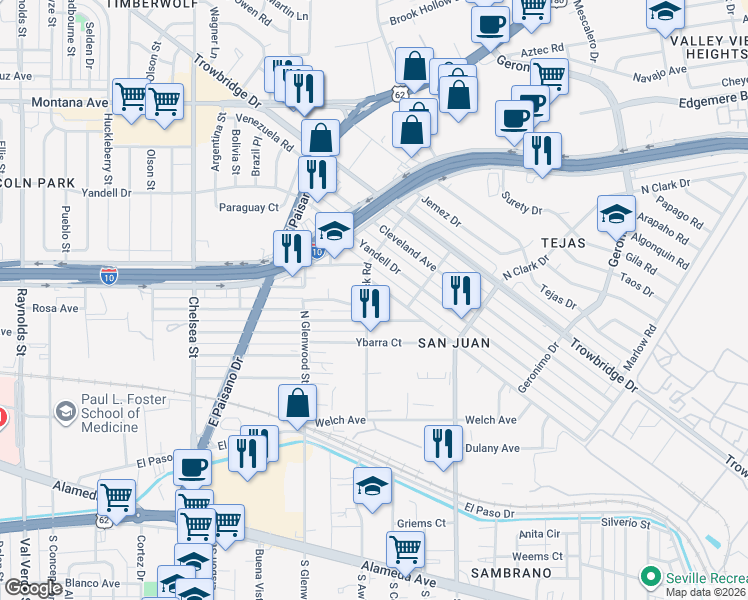 map of restaurants, bars, coffee shops, grocery stores, and more near 5913 Macias Street in El Paso