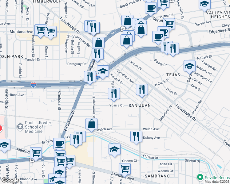 map of restaurants, bars, coffee shops, grocery stores, and more near 5913 Macias Street in El Paso