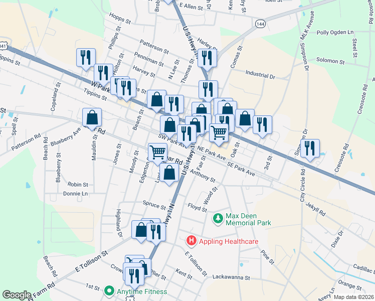 map of restaurants, bars, coffee shops, grocery stores, and more near 107 Bland St in Baxley