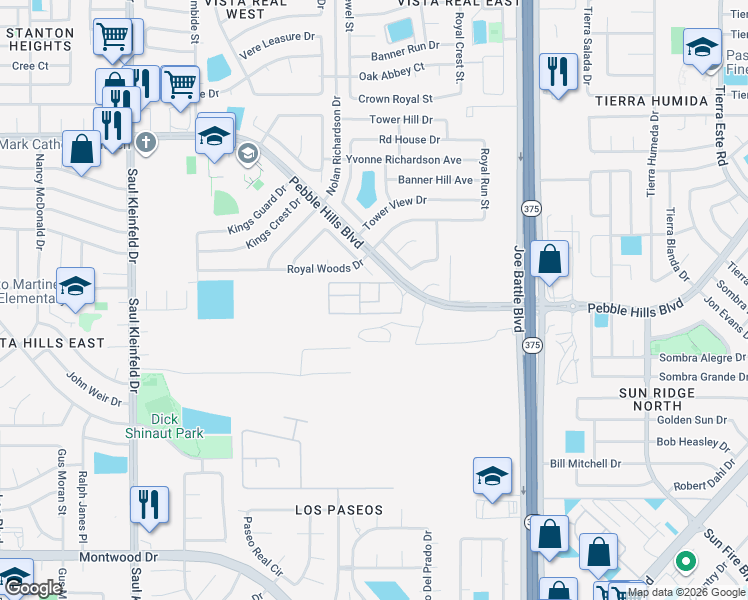 map of restaurants, bars, coffee shops, grocery stores, and more near 12130 Pebble Hills Boulevard in El Paso