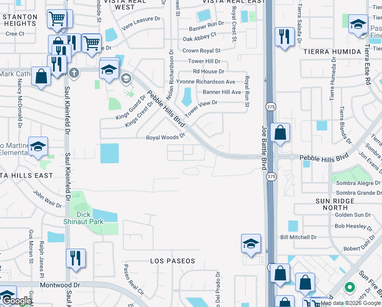 map of restaurants, bars, coffee shops, grocery stores, and more near 12130 Pebble Hills Boulevard in El Paso