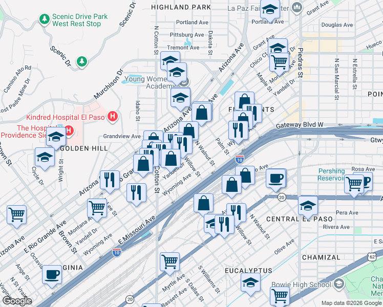 map of restaurants, bars, coffee shops, grocery stores, and more near 2101 Wyoming Avenue in El Paso