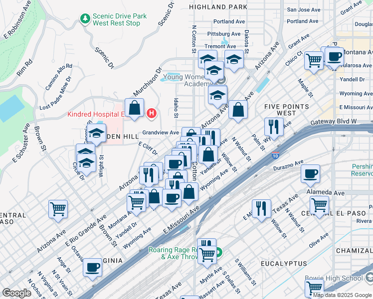 map of restaurants, bars, coffee shops, grocery stores, and more near 1906 East Rio Grande Avenue in El Paso
