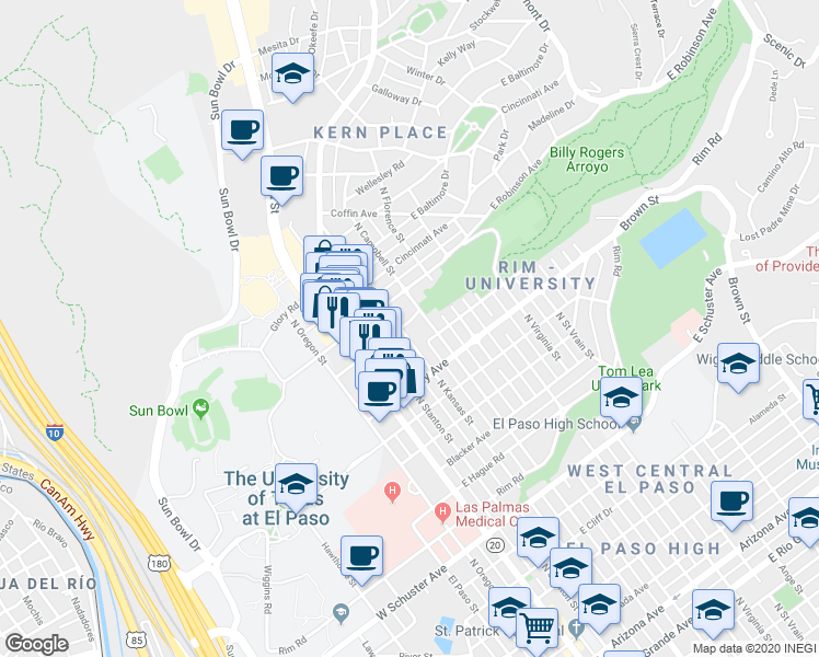 map of restaurants, bars, coffee shops, grocery stores, and more near 2405 North Kansas Street in El Paso
