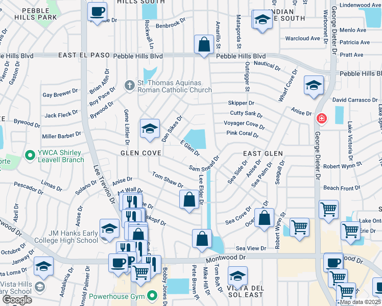map of restaurants, bars, coffee shops, grocery stores, and more near 2305 Tom Watson Court in El Paso