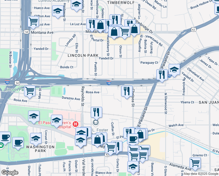 map of restaurants, bars, coffee shops, grocery stores, and more near 400 Revere Street in El Paso
