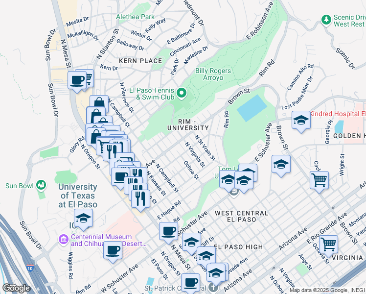 map of restaurants, bars, coffee shops, grocery stores, and more near 700 East University Avenue in El Paso