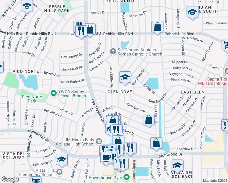 map of restaurants, bars, coffee shops, grocery stores, and more near 2400 Gene Littler Drive in El Paso