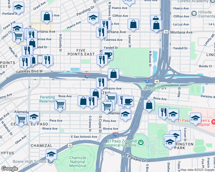 map of restaurants, bars, coffee shops, grocery stores, and more near 3614 Gateway Boulevard East in El Paso