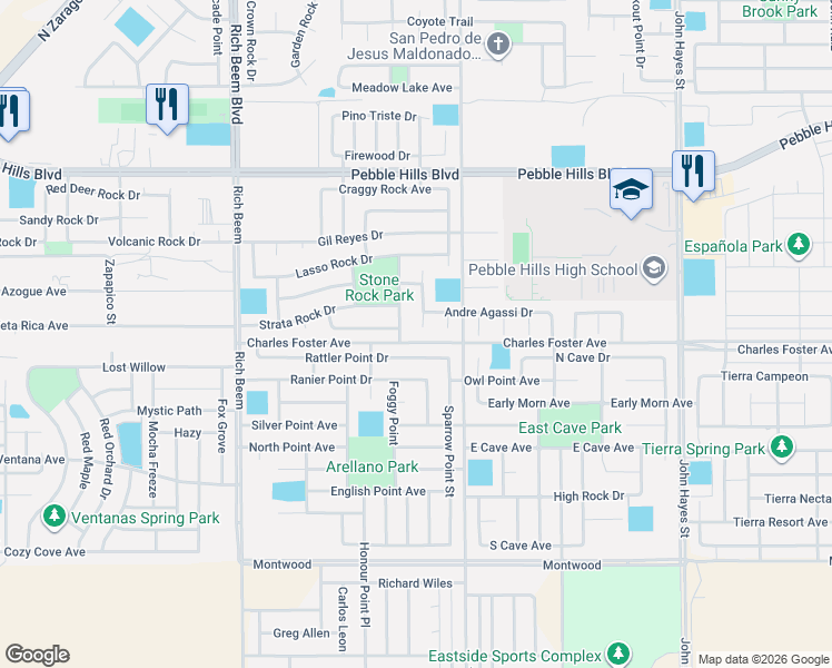 map of restaurants, bars, coffee shops, grocery stores, and more near 2625 Snowy Rock Place in El Paso