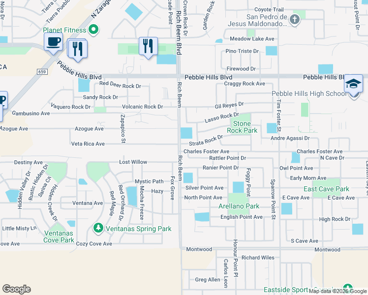 map of restaurants, bars, coffee shops, grocery stores, and more near 14189 Strata Rock Drive in El Paso