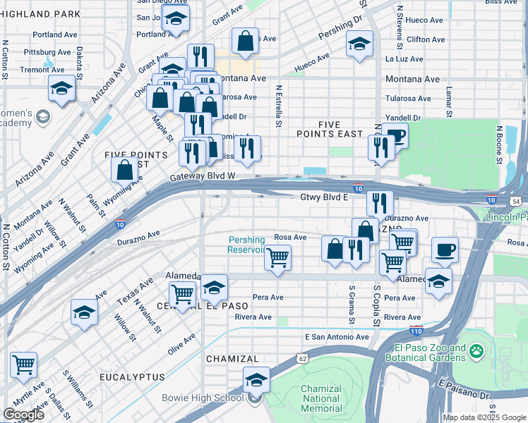 map of restaurants, bars, coffee shops, grocery stores, and more near 3108 Gateway Boulevard East in El Paso