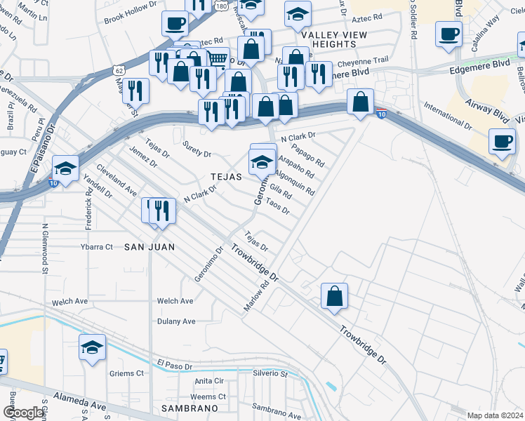 map of restaurants, bars, coffee shops, grocery stores, and more near 6205 Tesuque Drive in El Paso
