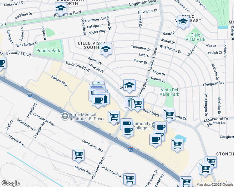 map of restaurants, bars, coffee shops, grocery stores, and more near 8500 Viscount Boulevard in El Paso