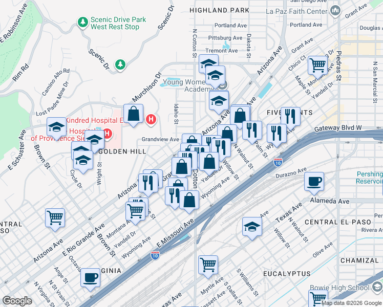 map of restaurants, bars, coffee shops, grocery stores, and more near 1927 Arizona Avenue in El Paso