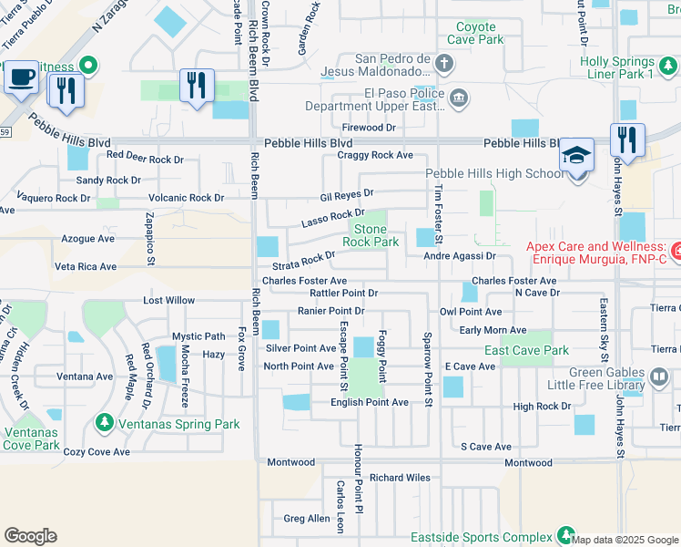 map of restaurants, bars, coffee shops, grocery stores, and more near 14216 Trigger Rock Lane in El Paso