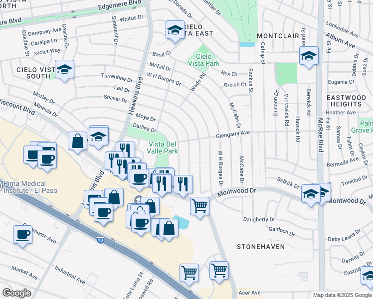map of restaurants, bars, coffee shops, grocery stores, and more near 9117 Moye Drive in El Paso