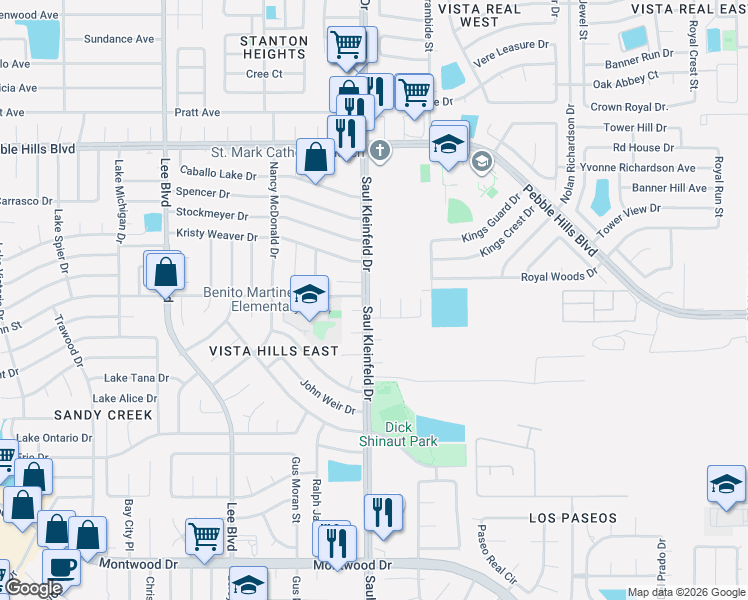 map of restaurants, bars, coffee shops, grocery stores, and more near 2316 Passage Place in El Paso