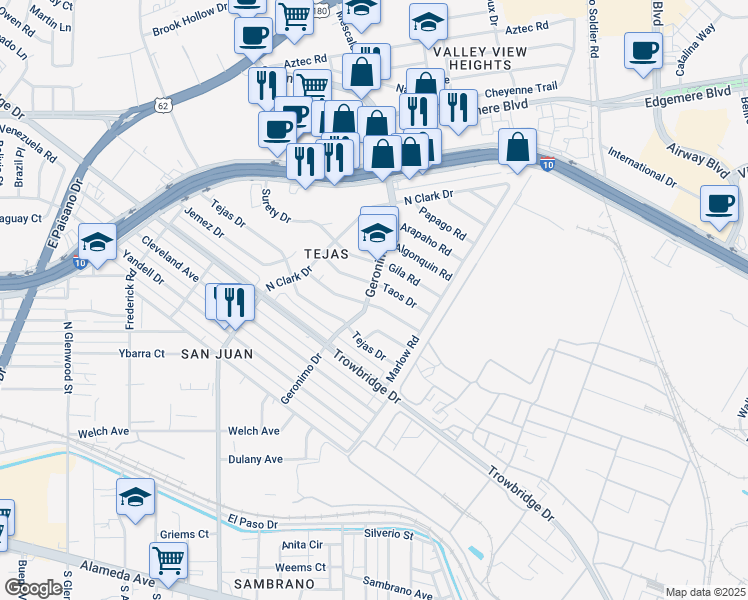 map of restaurants, bars, coffee shops, grocery stores, and more near 6209 Taos Drive in El Paso