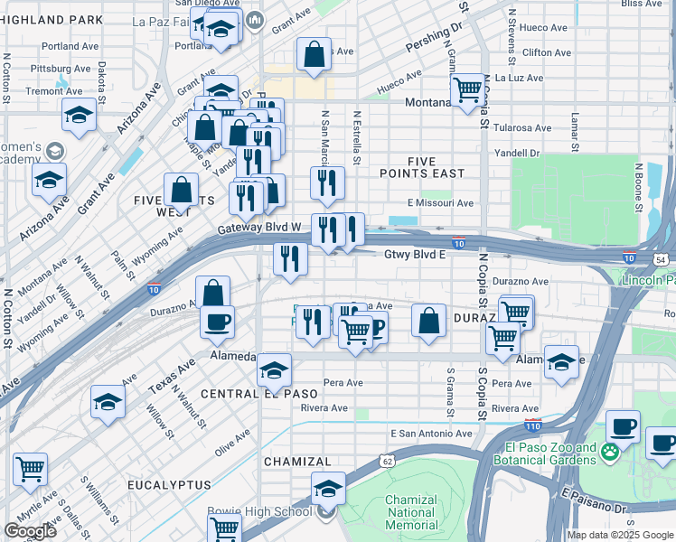 map of restaurants, bars, coffee shops, grocery stores, and more near 3108 Gateway Boulevard East in El Paso
