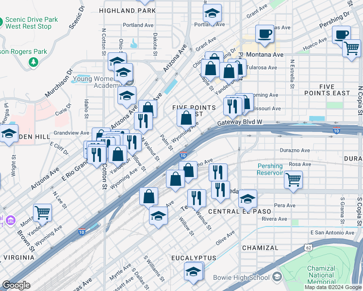 map of restaurants, bars, coffee shops, grocery stores, and more near 2327 Wyoming Avenue in El Paso