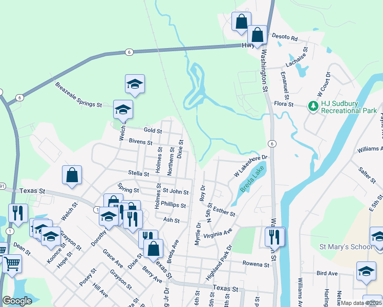 map of restaurants, bars, coffee shops, grocery stores, and more near 1214 Sara St in Natchitoches