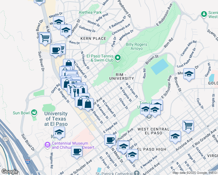 map of restaurants, bars, coffee shops, grocery stores, and more near 2317 Ochoa Street in El Paso