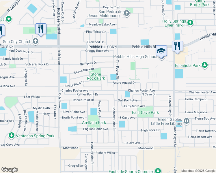 map of restaurants, bars, coffee shops, grocery stores, and more near 2625 Snowy Rock Place in El Paso