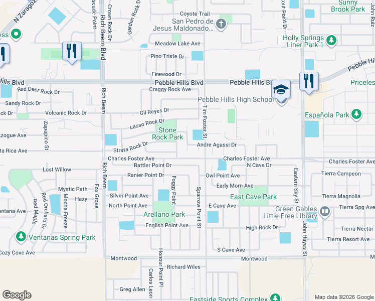 map of restaurants, bars, coffee shops, grocery stores, and more near 2608 Snowy Rock Place in El Paso