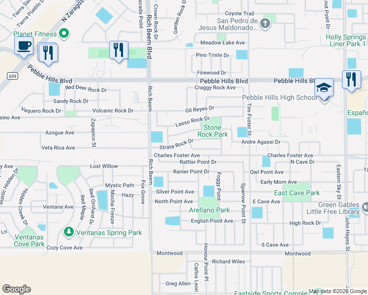 map of restaurants, bars, coffee shops, grocery stores, and more near 14209 Strata Rock Drive in El Paso