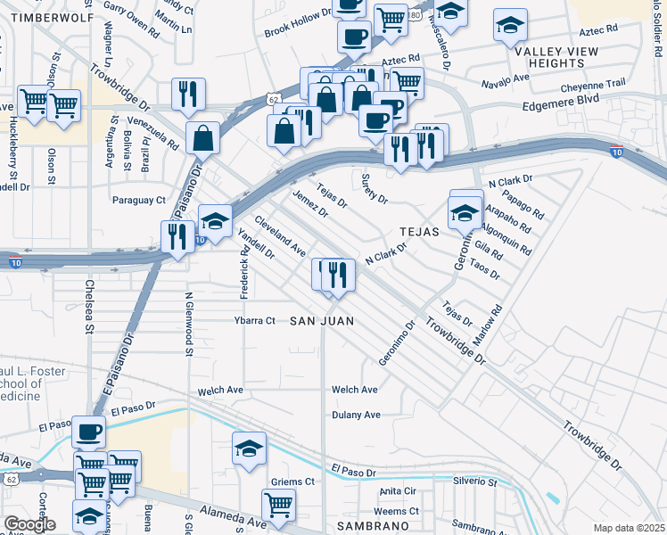 map of restaurants, bars, coffee shops, grocery stores, and more near 6011 Cleveland Avenue in El Paso