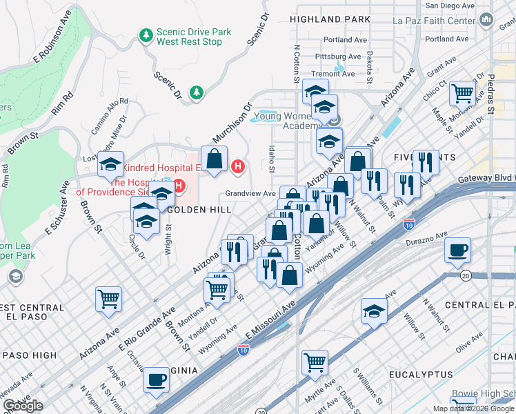 map of restaurants, bars, coffee shops, grocery stores, and more near 1831 East Nevada Avenue in El Paso