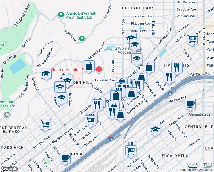 map of restaurants, bars, coffee shops, grocery stores, and more near 1831 East Nevada Avenue in El Paso