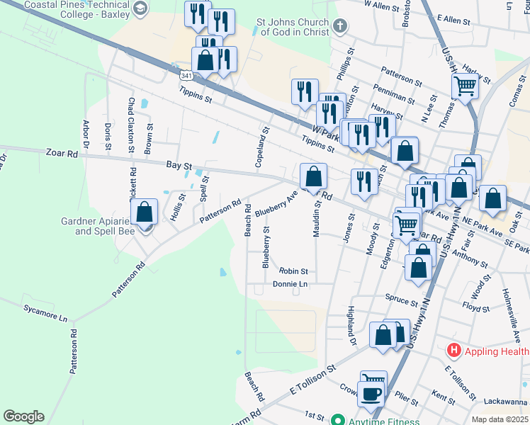 map of restaurants, bars, coffee shops, grocery stores, and more near 132 Blueberry Avenue in Baxley